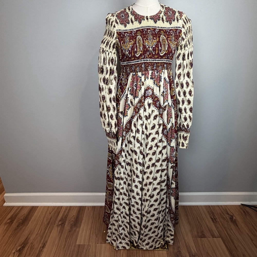 Vintage Prairie Dress Denise L Saks Fifth Avenue 7/8 Paisley Smocked Maxi Boho